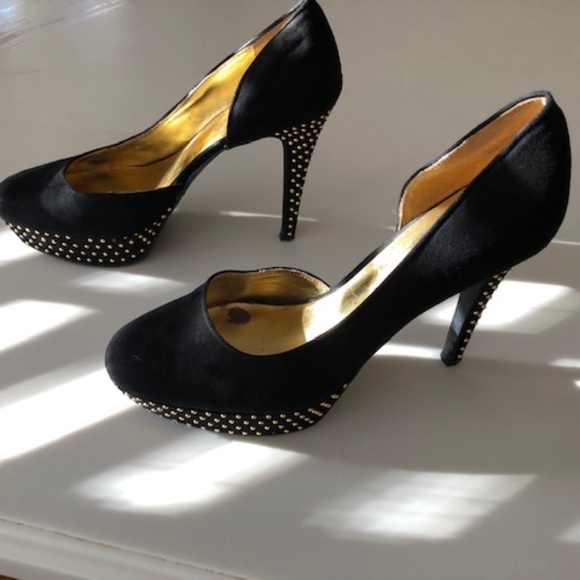 Black suede heels with gold stud accents - Picture 1 of 7